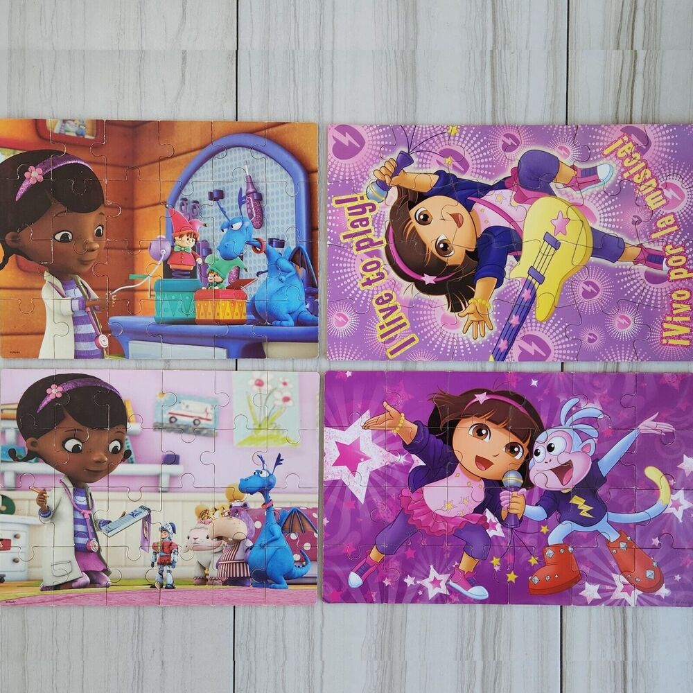 Dora the Explorer & Doc McStuffin's 4 in 1 Wood Puzzles w/ Wood Storage Box